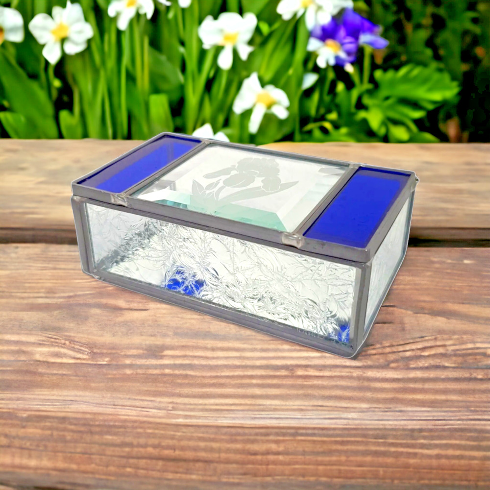 Vtg Trinket Jewelry Box Etched Iris Cobalt Blue Frosted Beveled Glass Mirrored